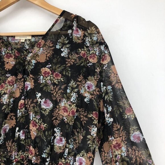 Pleione  Black Floral Peasant Tunic sheer balloon sleeve blouse LG - Picture 9 of 16